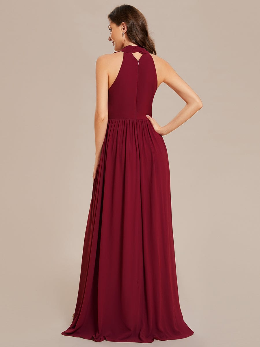 Sleeveless Chiffon Halter A-Line Maxi Bridesmaid Dress with Pleats and High Slit #color_Burgundy