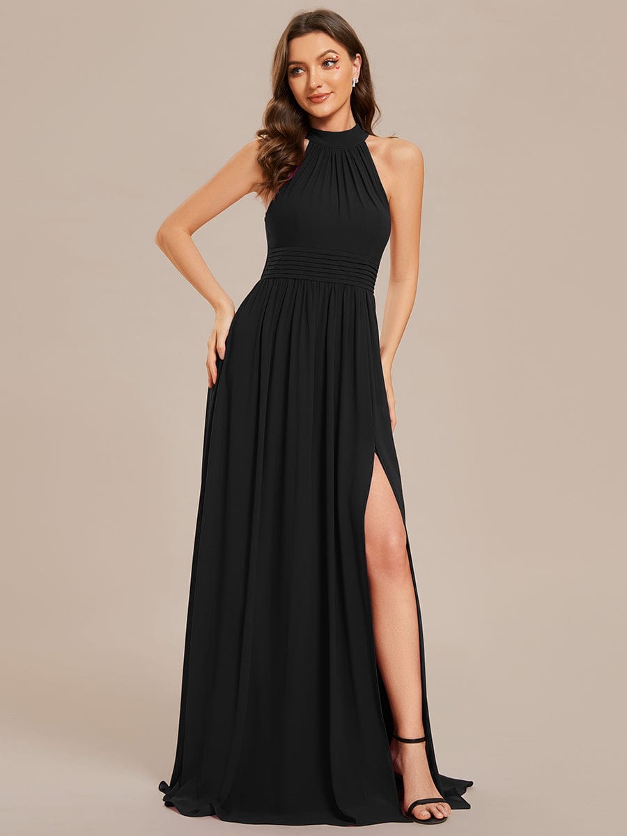 Sleeveless Chiffon Halter A-Line Maxi Bridesmaid Dress with Pleats and High Slit #color_Black