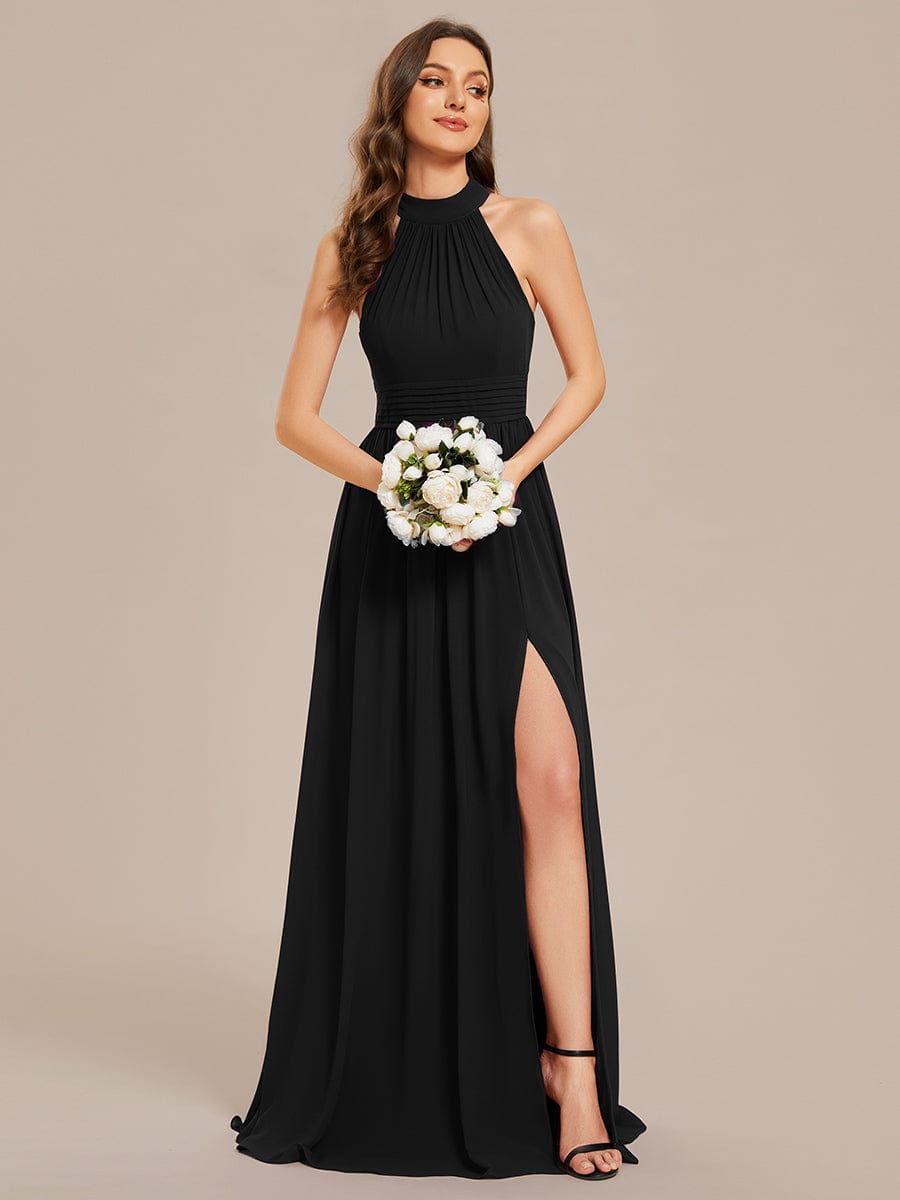 Sleeveless Chiffon Halter A-Line Maxi Bridesmaid Dress with Pleats and High Slit #color_Black