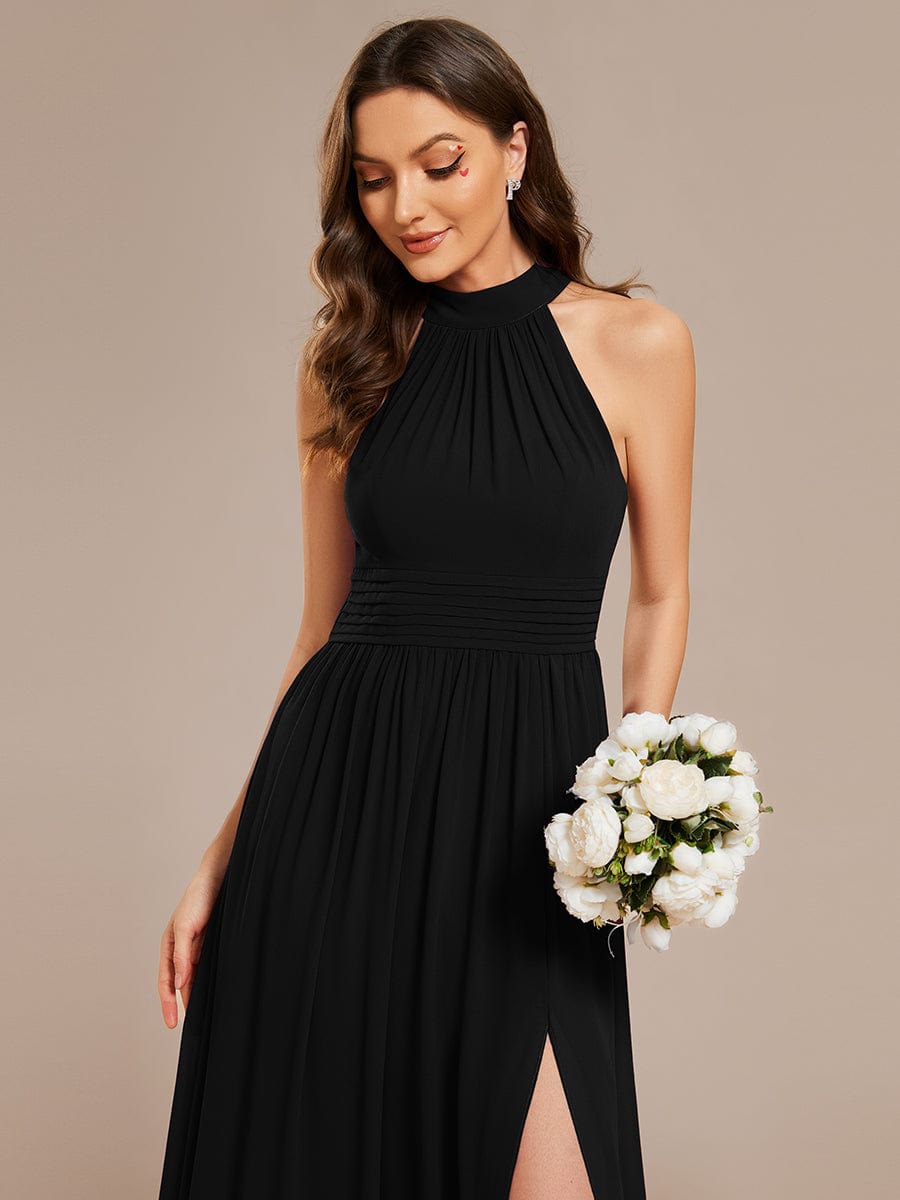 Sleeveless Chiffon Halter A-Line Maxi Bridesmaid Dress with Pleats and High Slit #color_Black