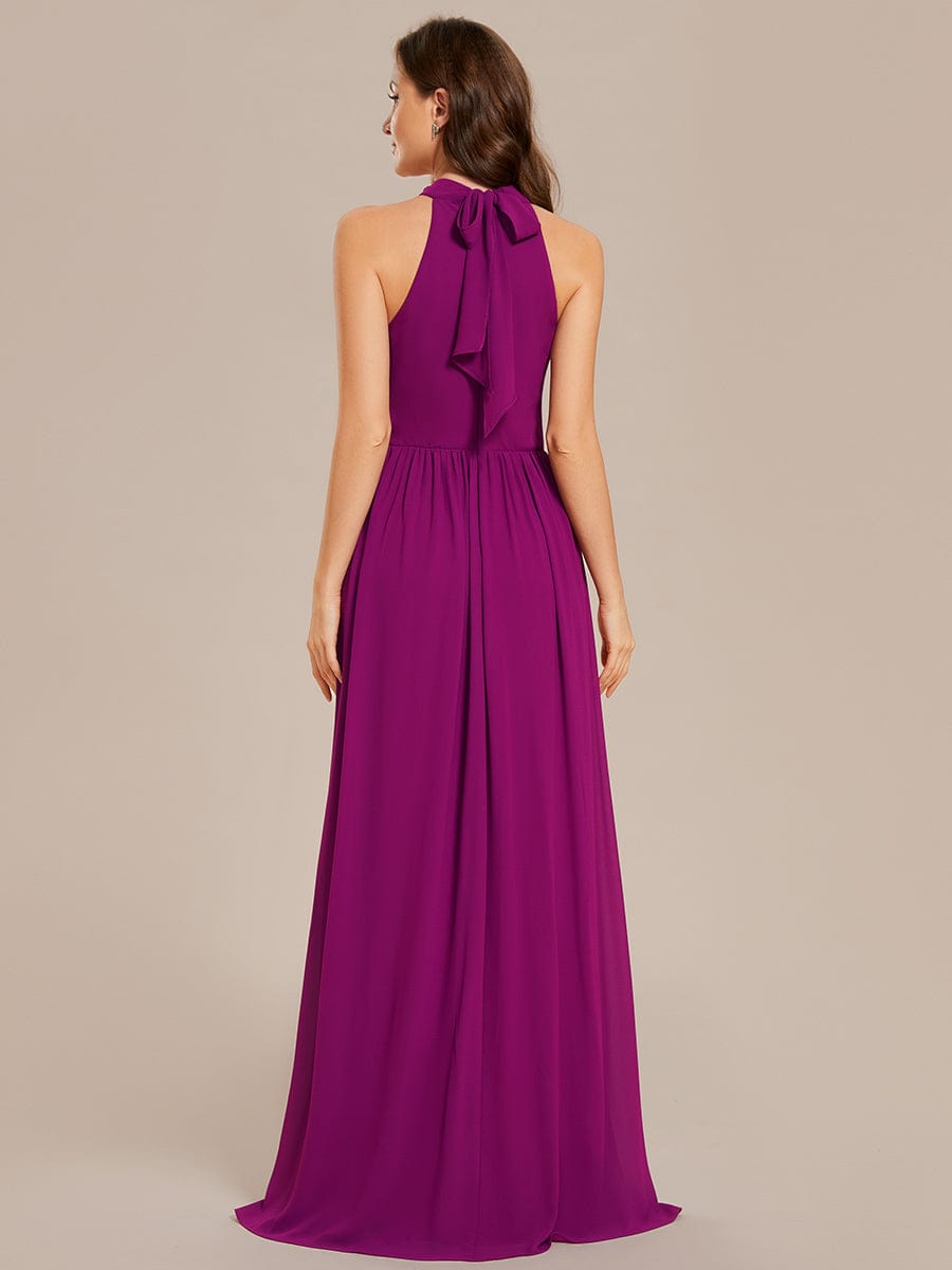 Sleeveless Chiffon Halter A-Line Maxi Bridesmaid Dress with Pleats and High Slit #color_Fuchsia