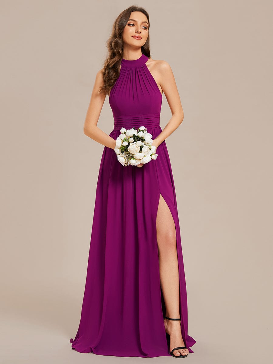 Sleeveless Chiffon Halter A-Line Maxi Bridesmaid Dress with Pleats and High Slit #color_Fuchsia