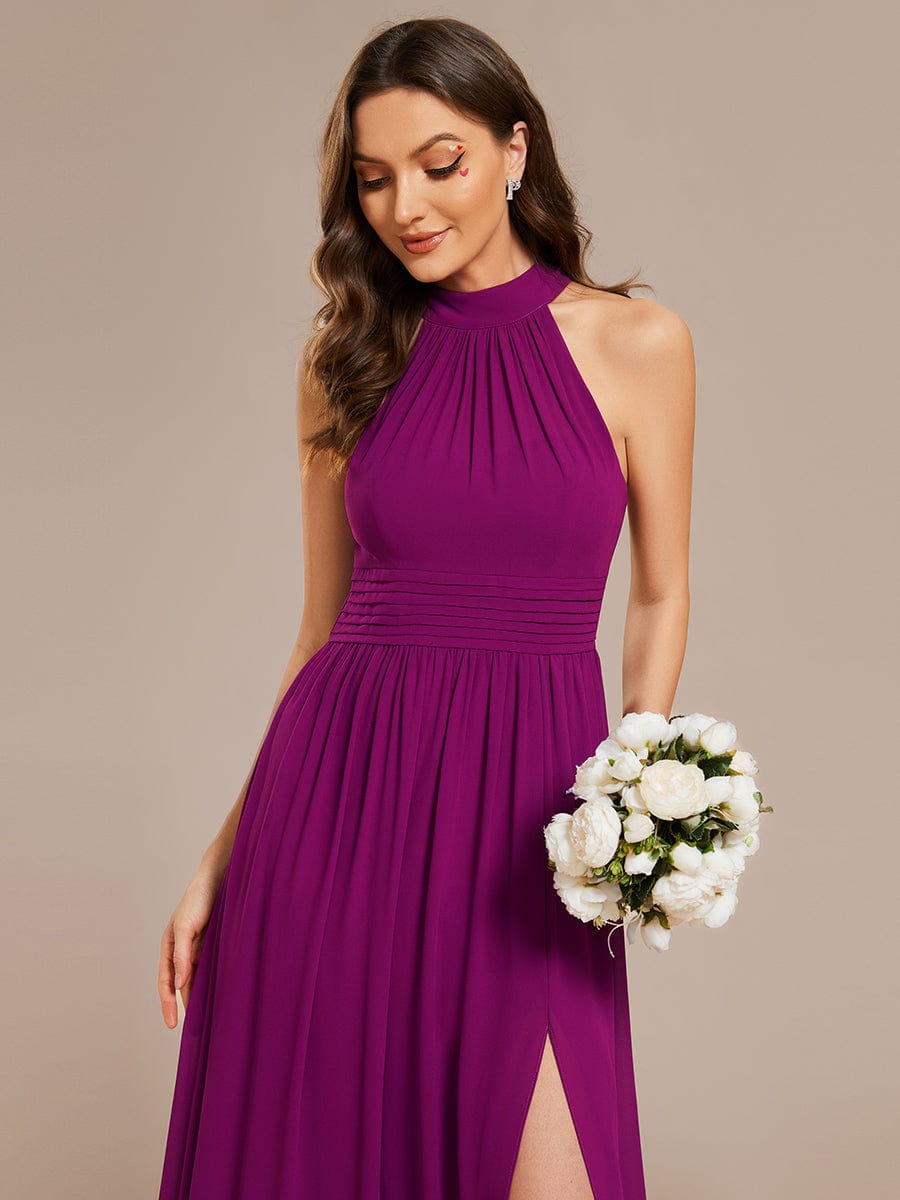 Sleeveless Chiffon Halter A-Line Maxi Bridesmaid Dress with Pleats and High Slit #color_Fuchsia