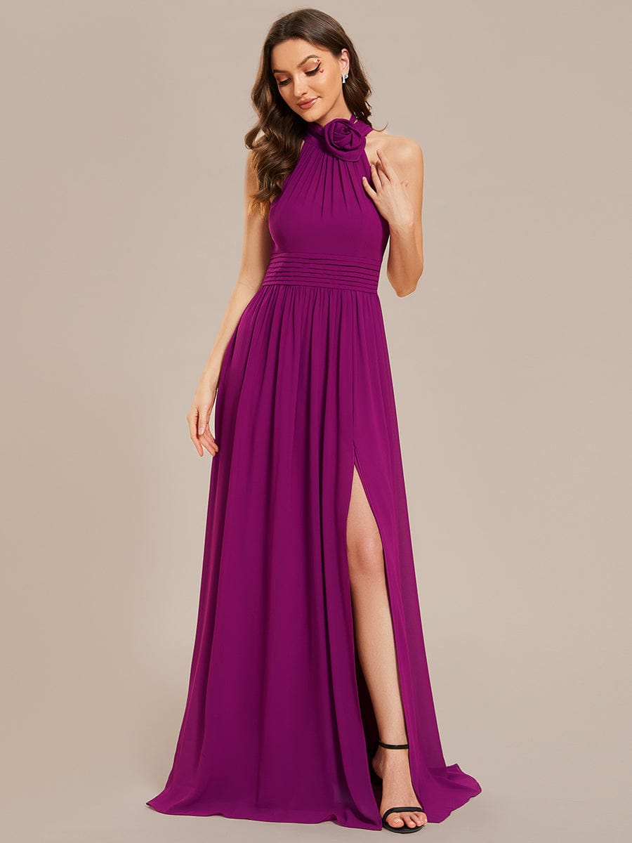 Sleeveless Chiffon Halter A-Line Maxi Bridesmaid Dress with Pleats and High Slit #color_Fuchsia