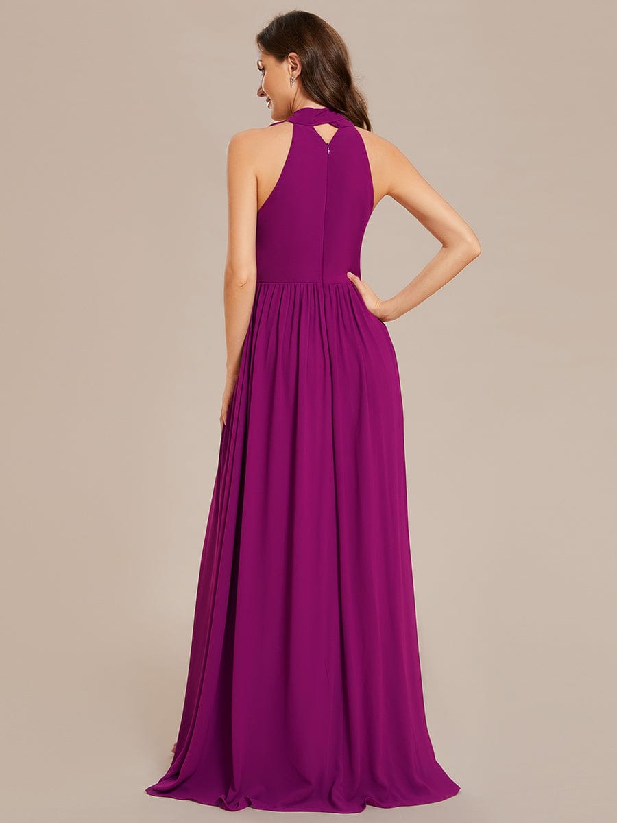 Sleeveless Chiffon Halter A-Line Maxi Bridesmaid Dress with Pleats and High Slit #color_Fuchsia