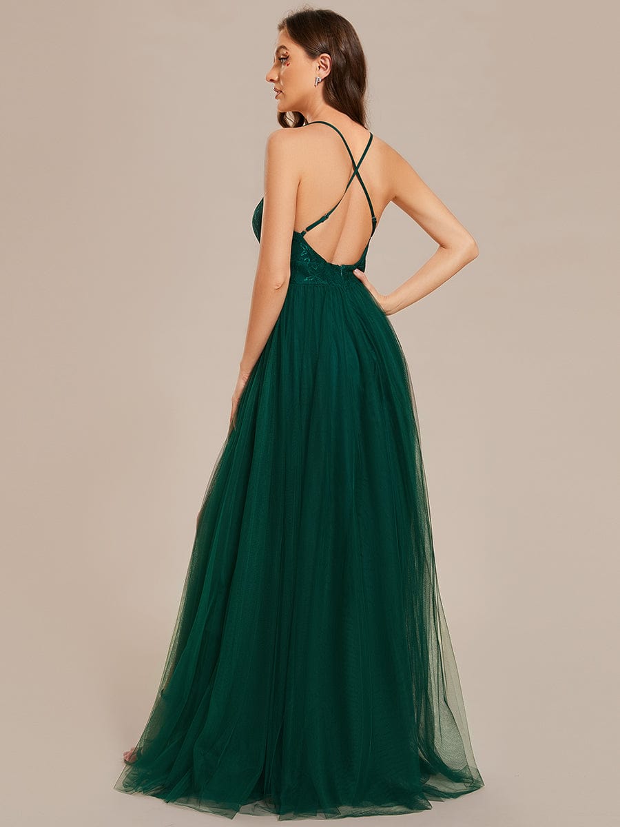 Spaghetti Straps Backless A-Line Lace Tulle Bridesmaid Dress #color_Dark Green