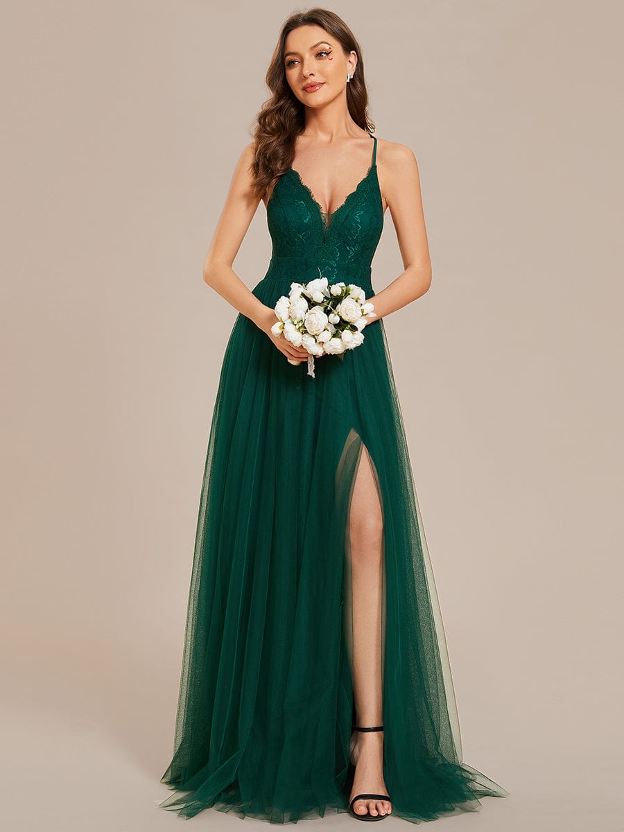 Spaghetti Straps Backless A-Line Lace Tulle Bridesmaid Dress #color_Dark Green