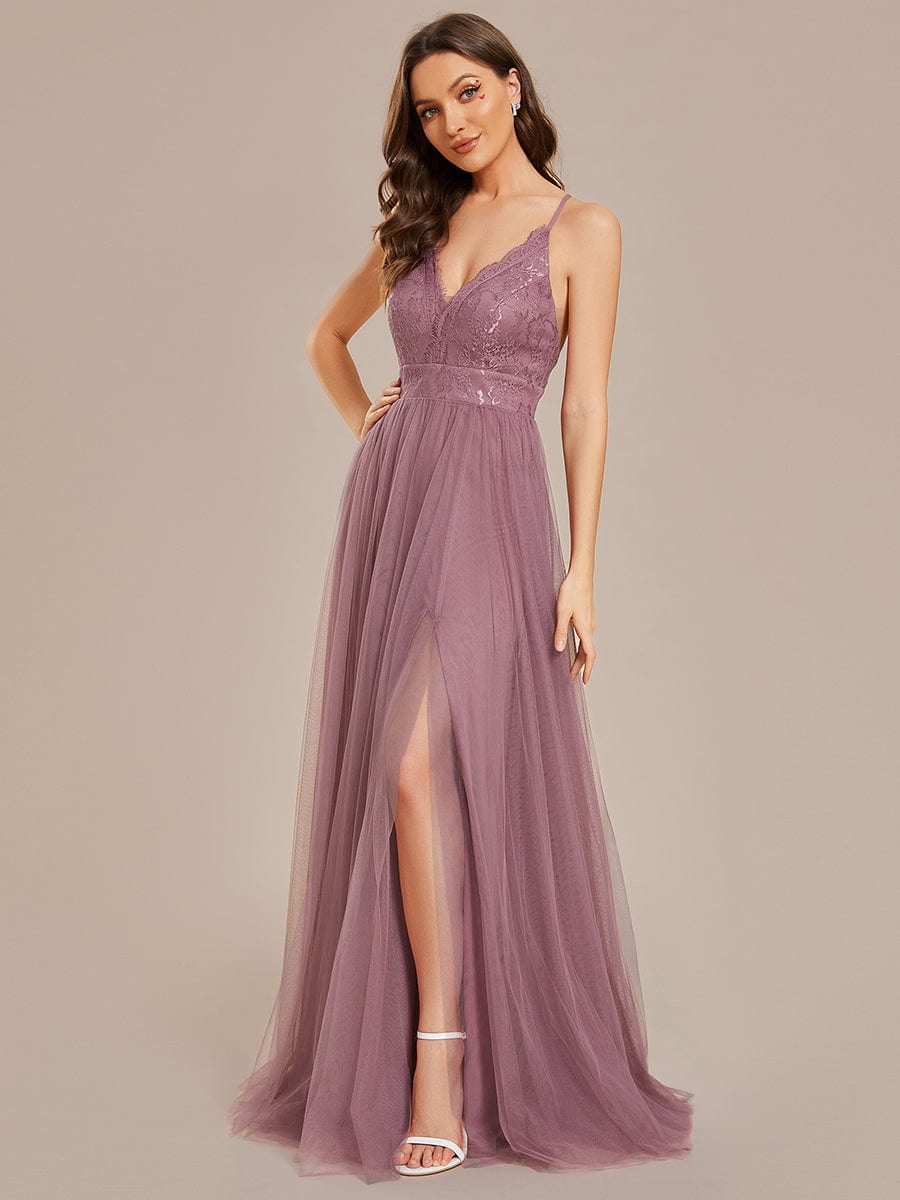 Spaghetti Straps Backless A-Line Lace Tulle Bridesmaid Dress #color_Purple Orchid