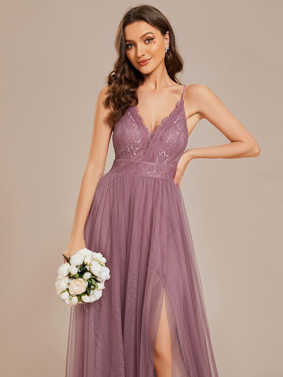 Spaghetti Straps Backless A-Line Lace Tulle Bridesmaid Dress #color_Purple Orchid