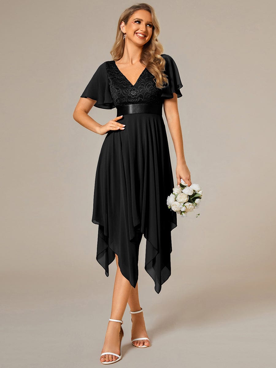 Asymmetrical Hem Empire Waist Short Sleeves Knee-Length Bridesmaid Dress #color_Black