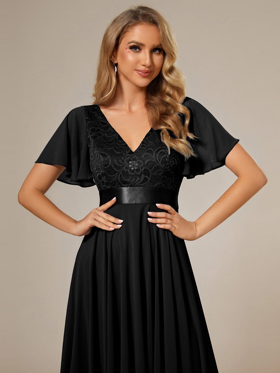 Asymmetrical Hem Empire Waist Short Sleeves Knee-Length Bridesmaid Dress #color_Black