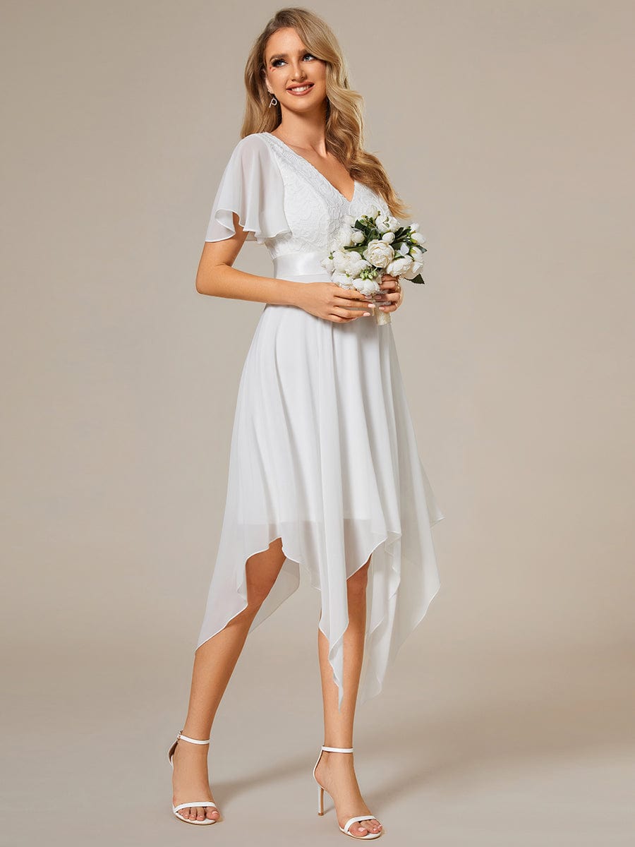 Asymmetrical Hem Empire Waist Short Sleeves Knee-Length Bridesmaid Dress #color_Cream