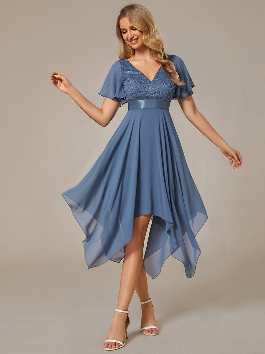 Asymmetrical Hem Empire Waist Short Sleeves Knee-Length Bridesmaid Dress #color_Dusty Blue