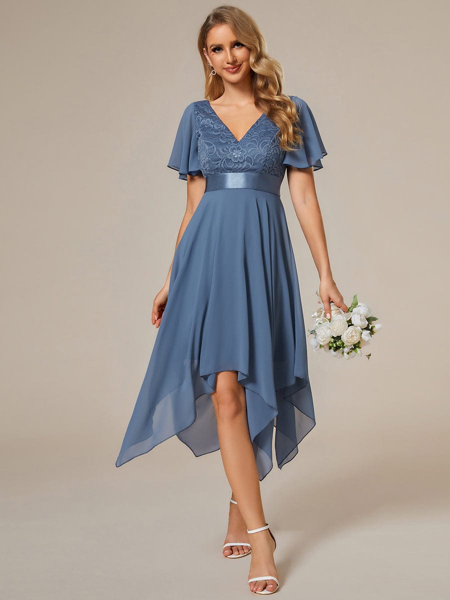 Asymmetrical Hem Empire Waist Short Sleeves Knee-Length Bridesmaid Dress #color_Dusty Blue