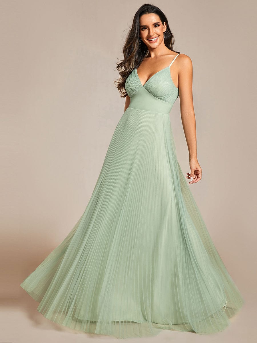 Tulle V-Neck Sleeveless Bridesmaid Dress with Pleats #color_Mint Green