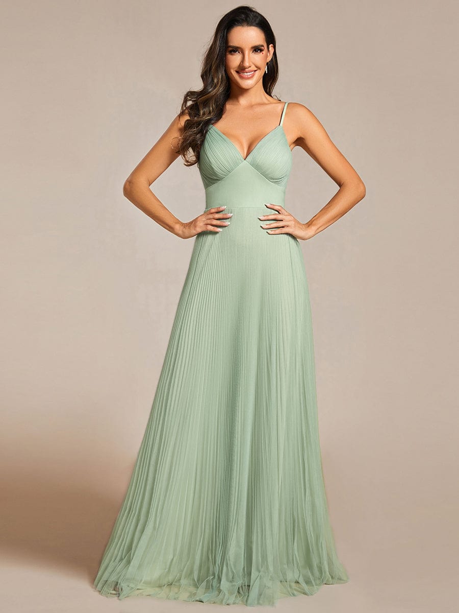 Tulle V-Neck Sleeveless Bridesmaid Dress with Pleats #color_Mint Green