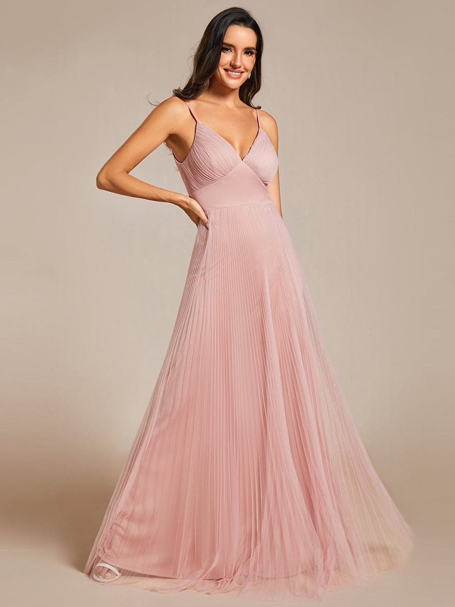 Tulle V-Neck Sleeveless Bridesmaid Dress with Pleats #color_Pink