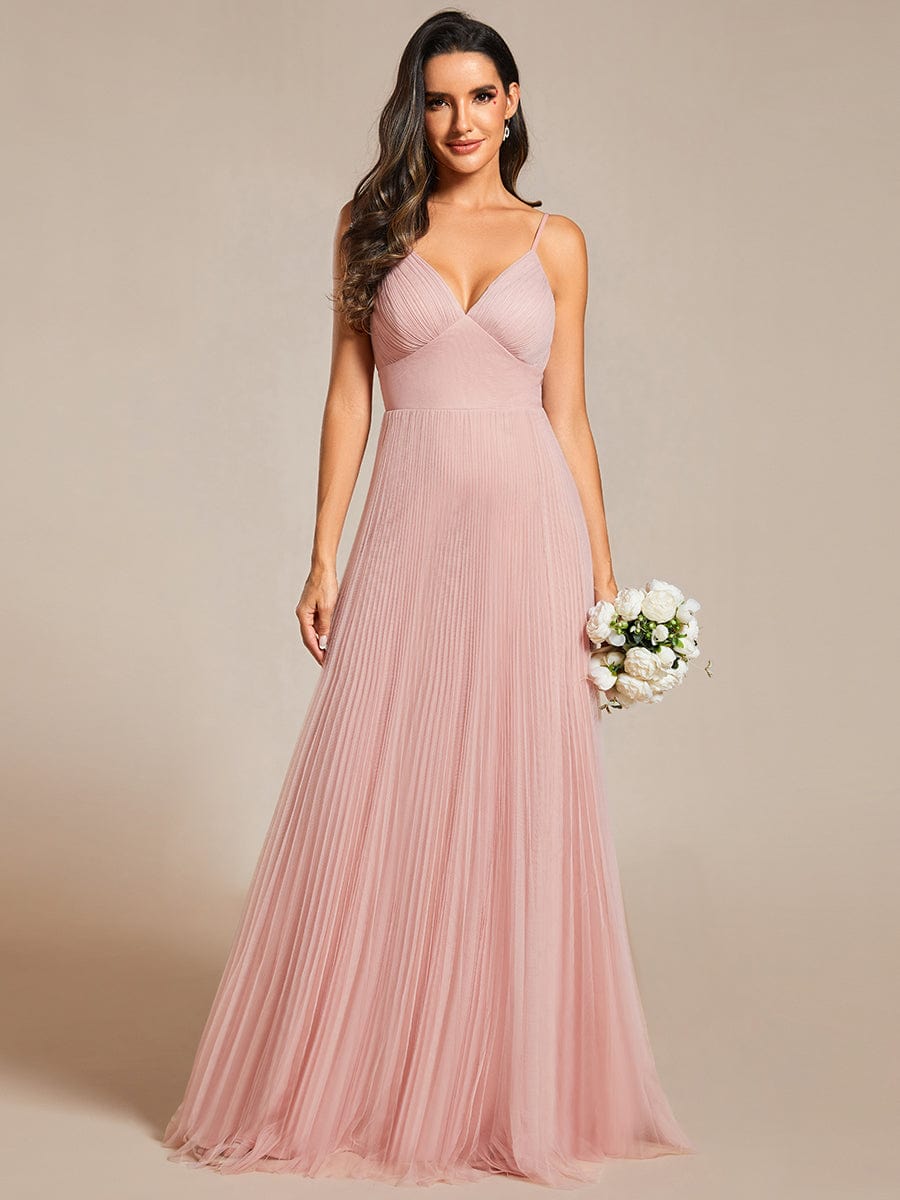 Tulle V-Neck Sleeveless Bridesmaid Dress with Pleats #color_Pink