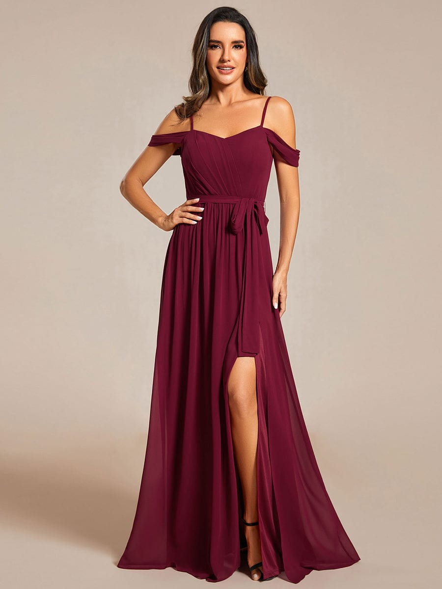 Chiffon V-Neck Spaghetti Strap Bridesmaid Dress with High Slit #color_Burgundy