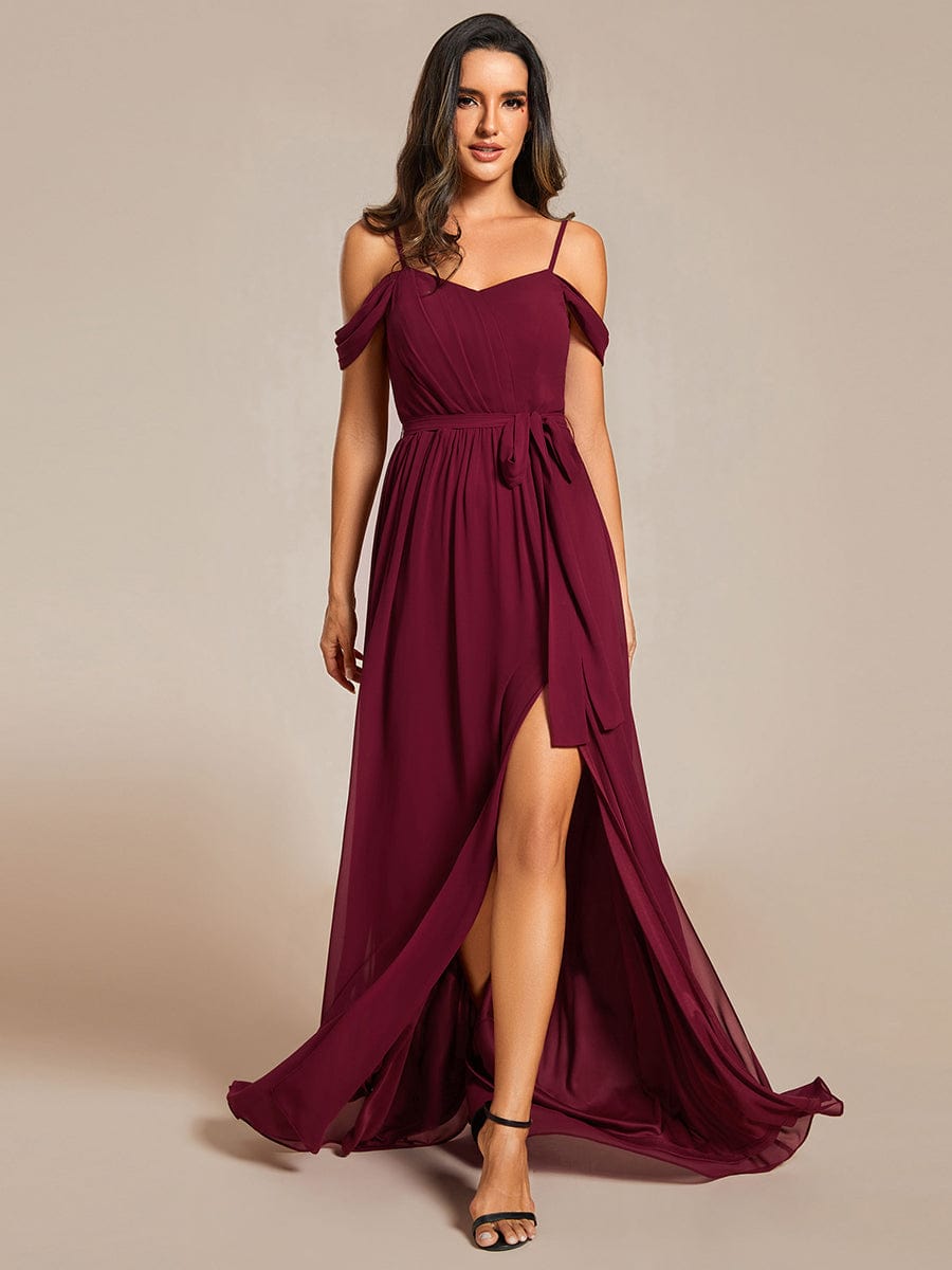 Chiffon V-Neck Spaghetti Strap Bridesmaid Dress with High Slit #color_Burgundy