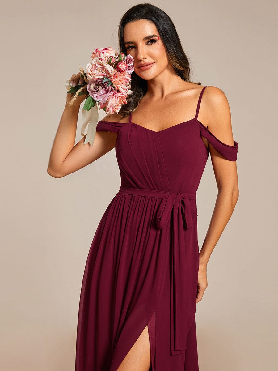 Chiffon V-Neck Spaghetti Strap Bridesmaid Dress with High Slit #color_Burgundy