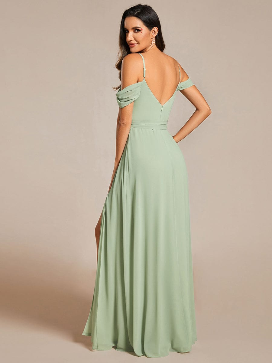 Chiffon V-Neck Spaghetti Strap Bridesmaid Dress with High Slit #color_Mint Green