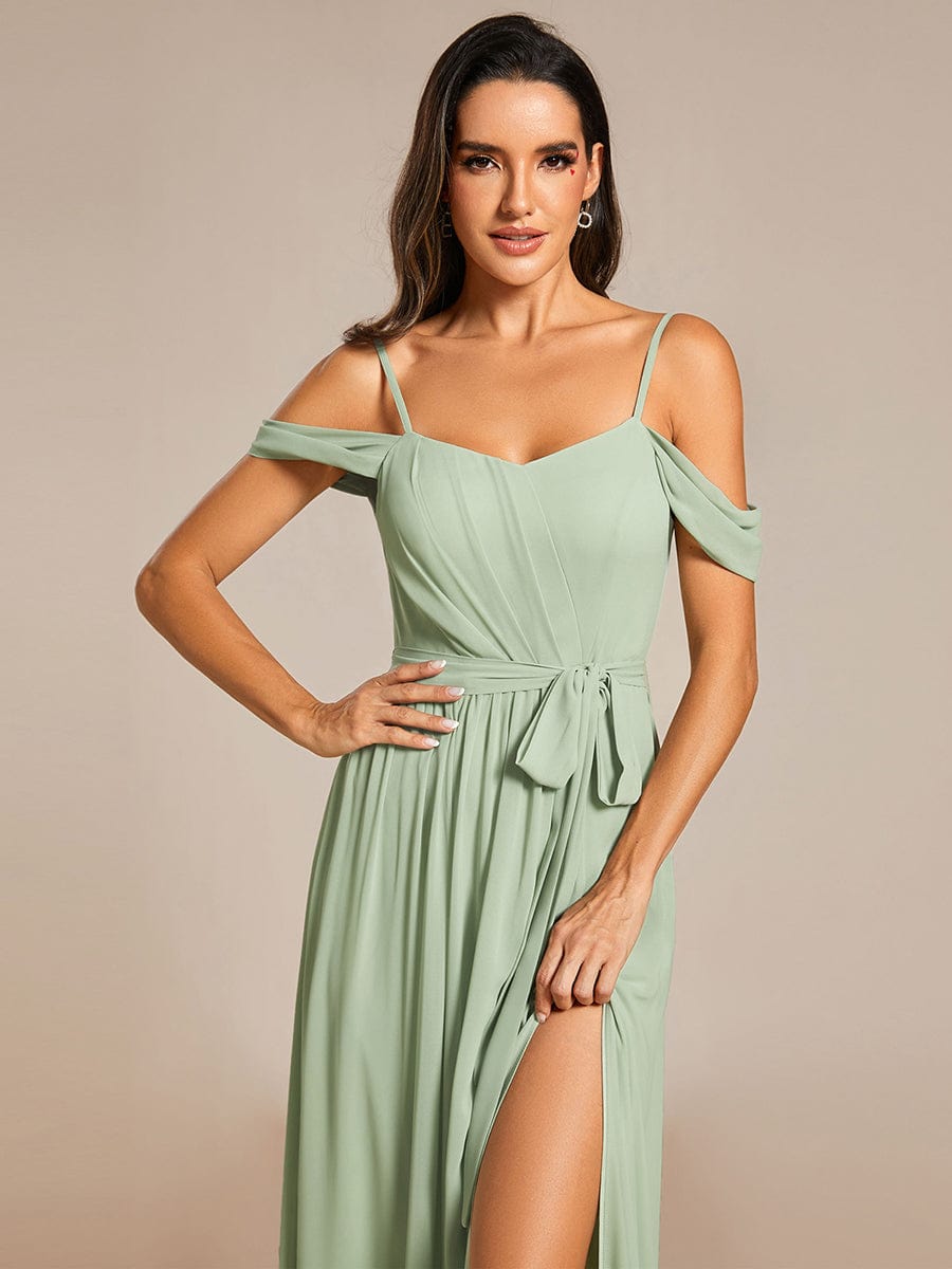 Chiffon V-Neck Spaghetti Strap Bridesmaid Dress with High Slit #color_Mint Green