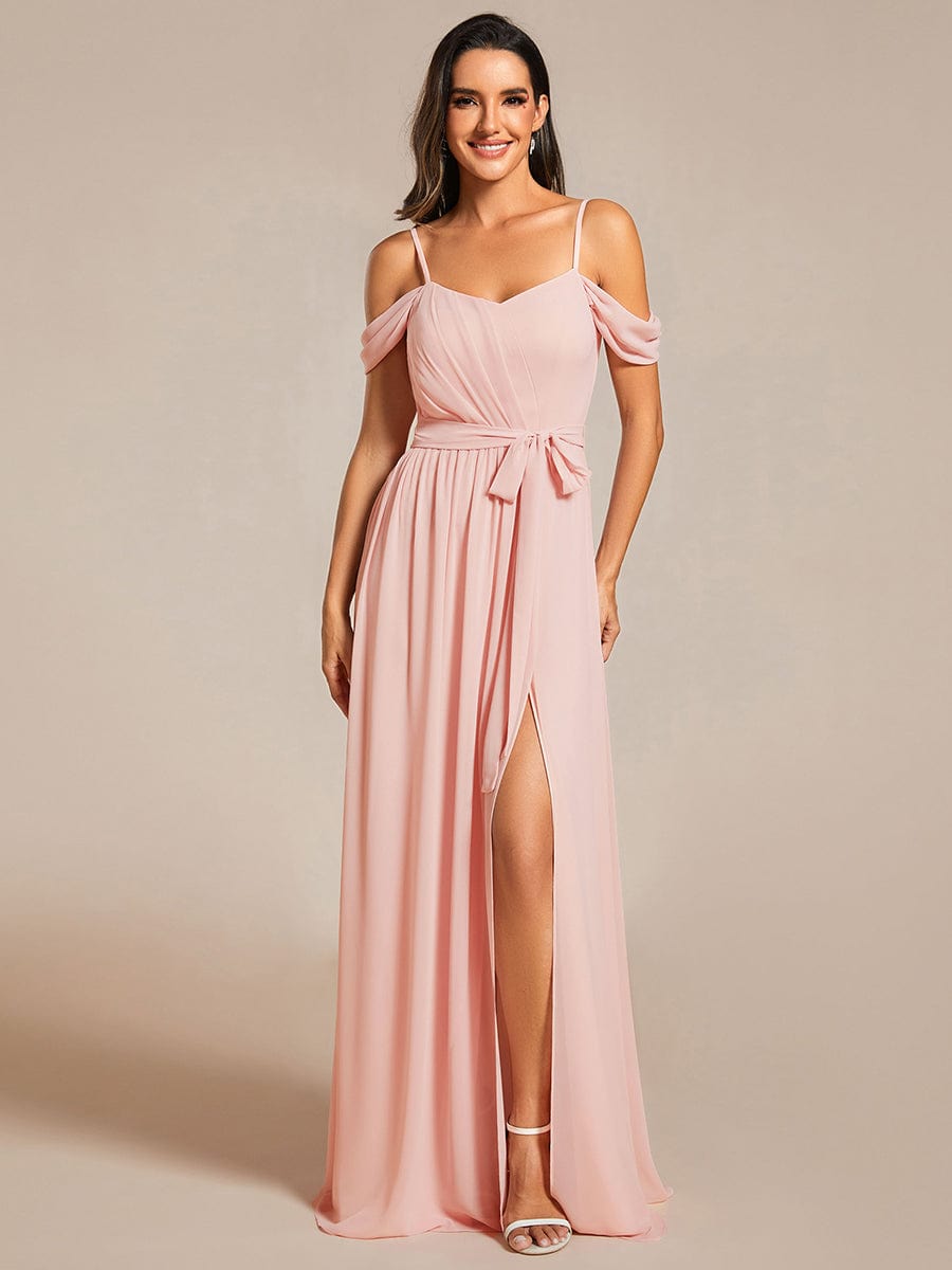 Chiffon V-Neck Spaghetti Strap Bridesmaid Dress with High Slit #color_Pink