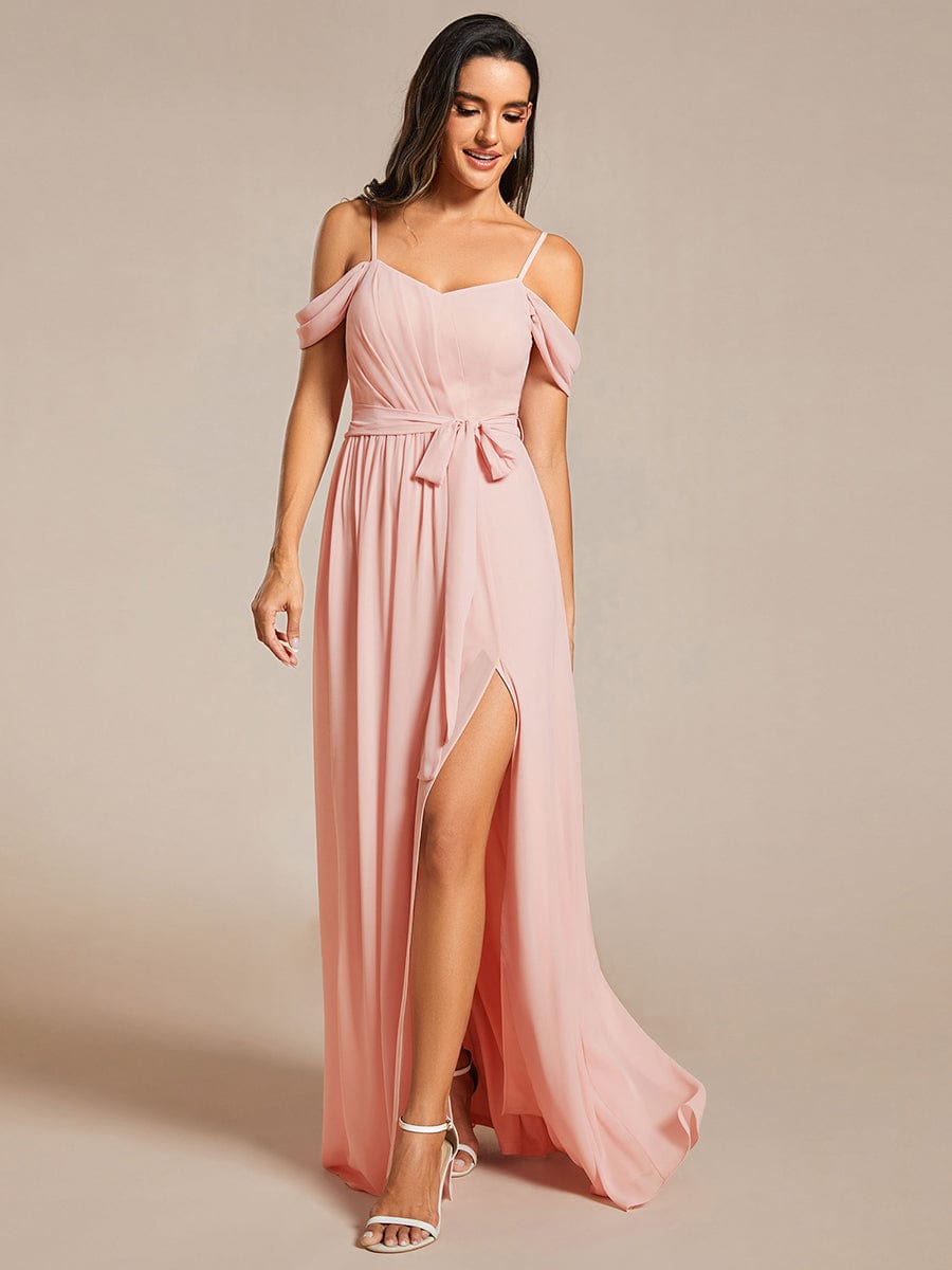 Chiffon V-Neck Spaghetti Strap Bridesmaid Dress with High Slit #color_Pink