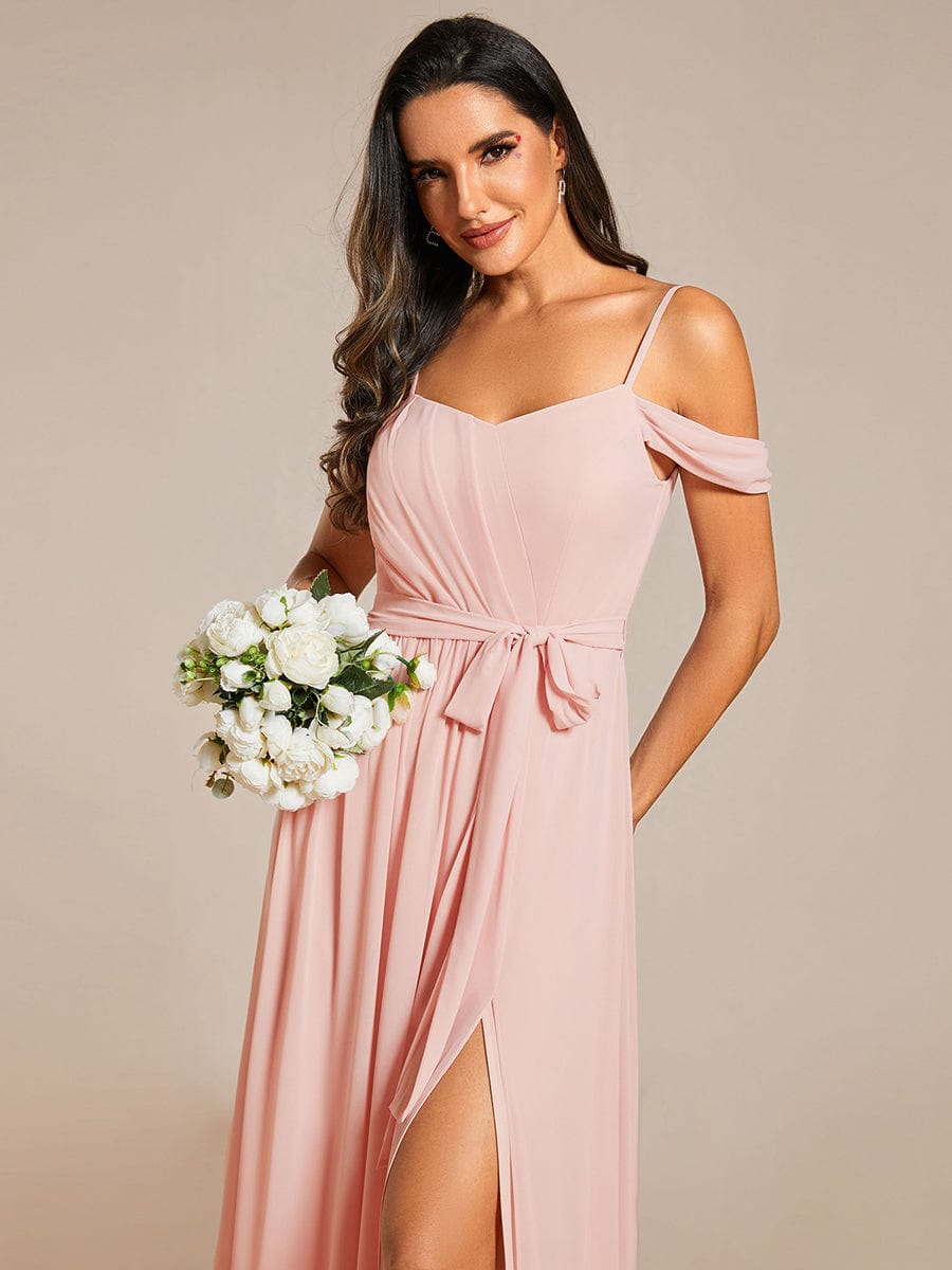 Chiffon V-Neck Spaghetti Strap Bridesmaid Dress with High Slit #color_Pink