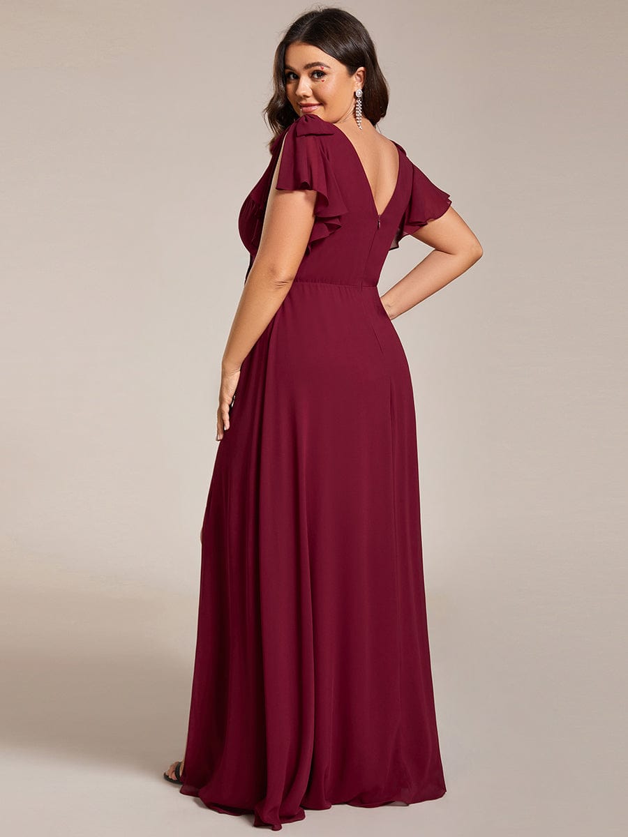 Double V-Neck High Split Bridesmaid Dress with Ribbon Bow #color_Burgundy