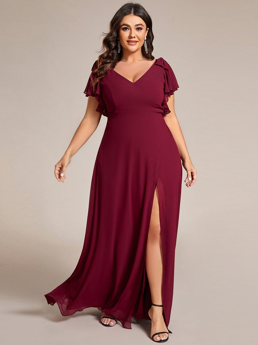 Double V-Neck High Split Bridesmaid Dress with Ribbon Bow #color_Burgundy