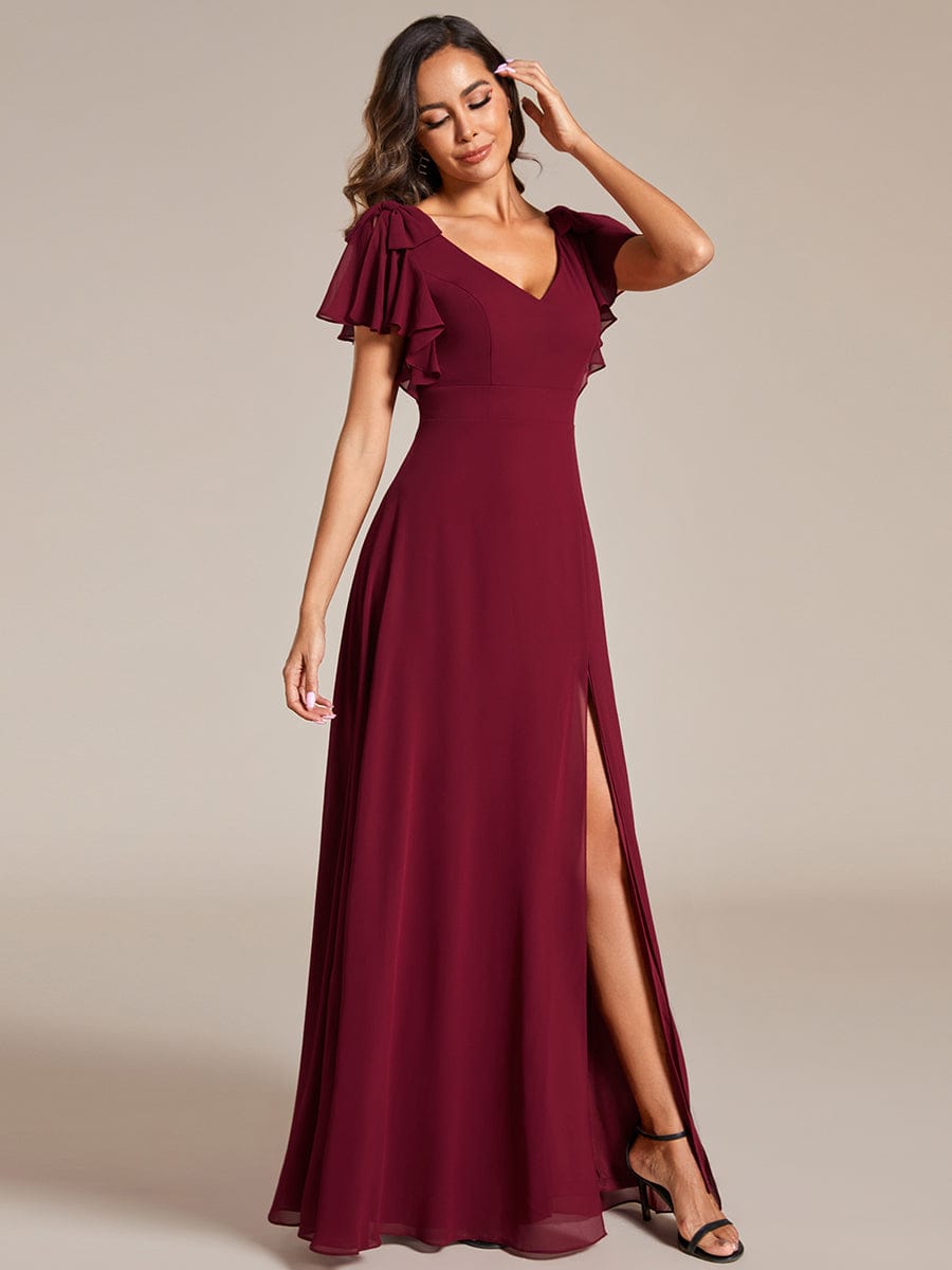 Double V-Neck High Split Bridesmaid Dress with Ribbon Bow #color_Burgundy