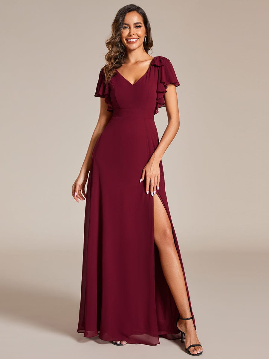 Double V-Neck High Split Bridesmaid Dress with Ribbon Bow #color_Burgundy