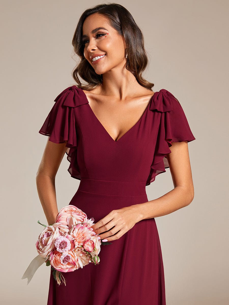 Double V-Neck High Split Bridesmaid Dress with Ribbon Bow #color_Burgundy