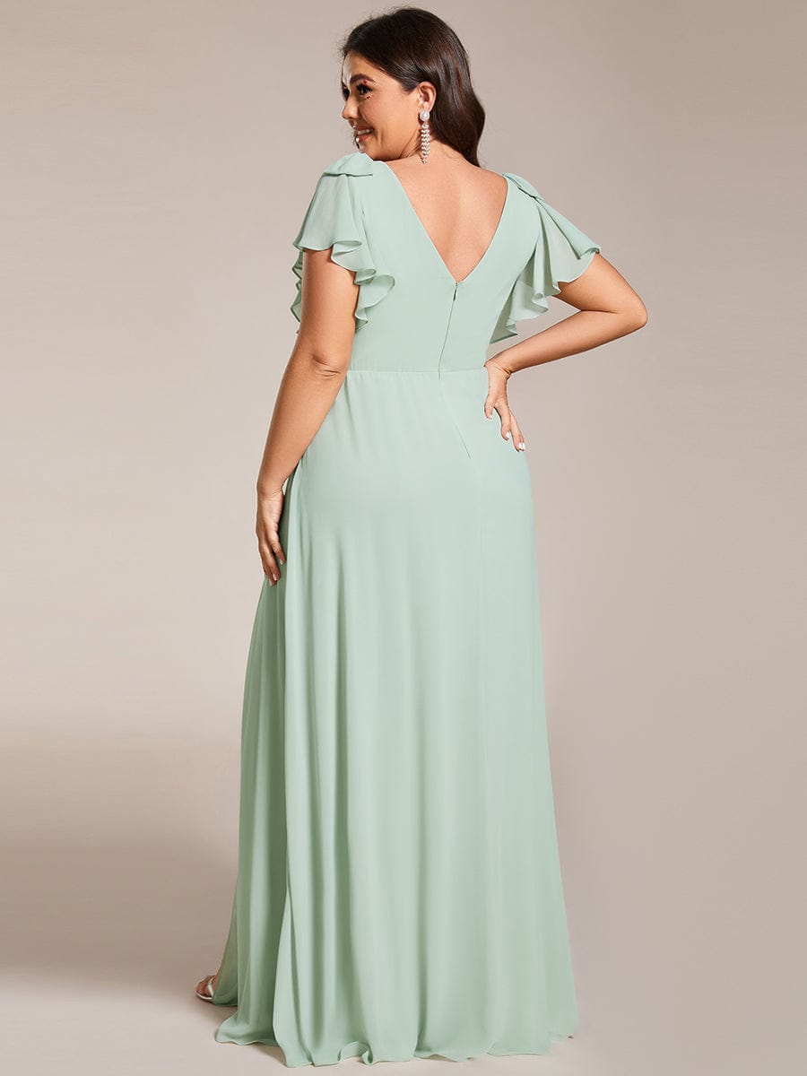 Double V-Neck High Split Bridesmaid Dress with Ribbon Bow #color_Mint Green