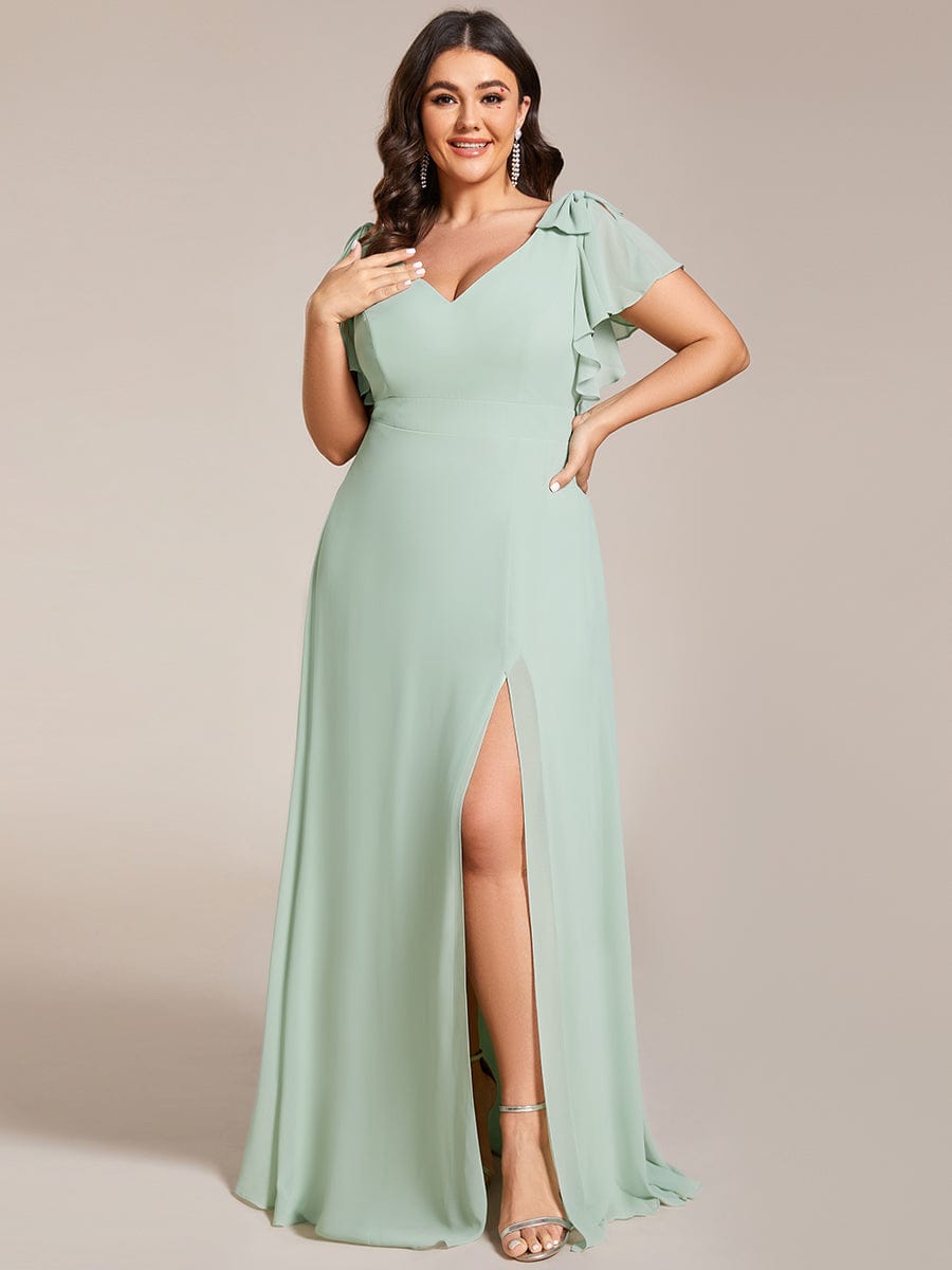 Double V-Neck High Split Bridesmaid Dress with Ribbon Bow #color_Mint Green