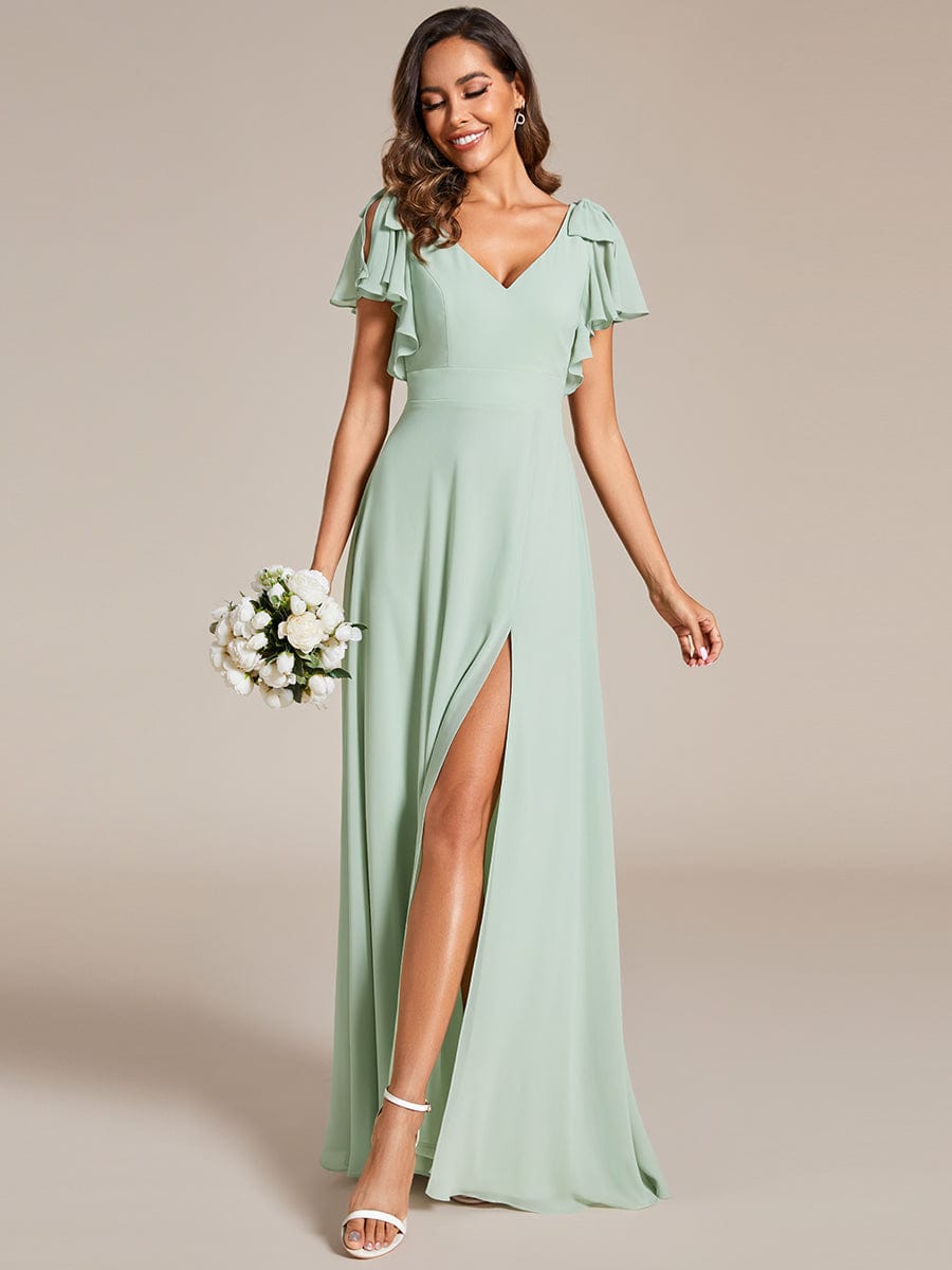 Double V-Neck High Split Bridesmaid Dress with Ribbon Bow #color_Mint Green