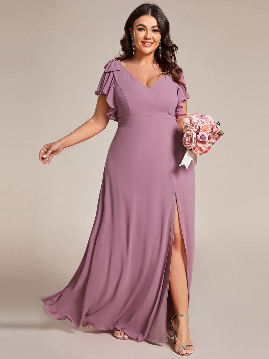 Double V-Neck High Split Bridesmaid Dress with Ribbon Bow #color_Purple Orchid