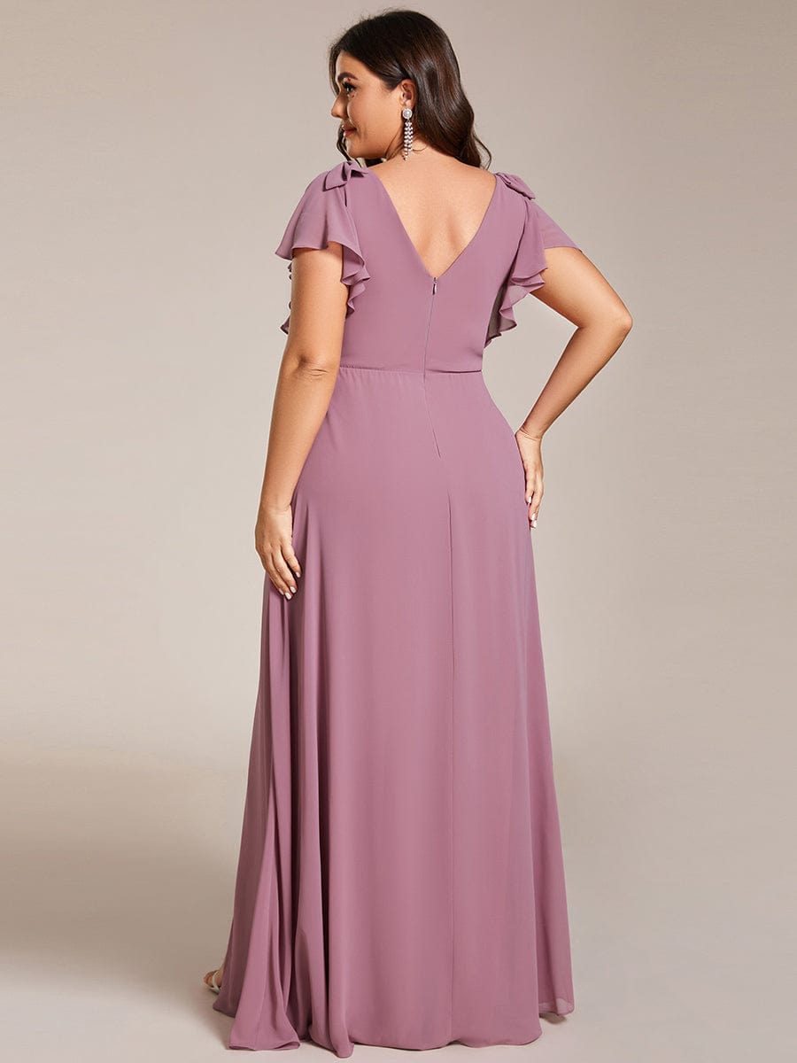 Double V-Neck High Split Bridesmaid Dress with Ribbon Bow #color_Purple Orchid