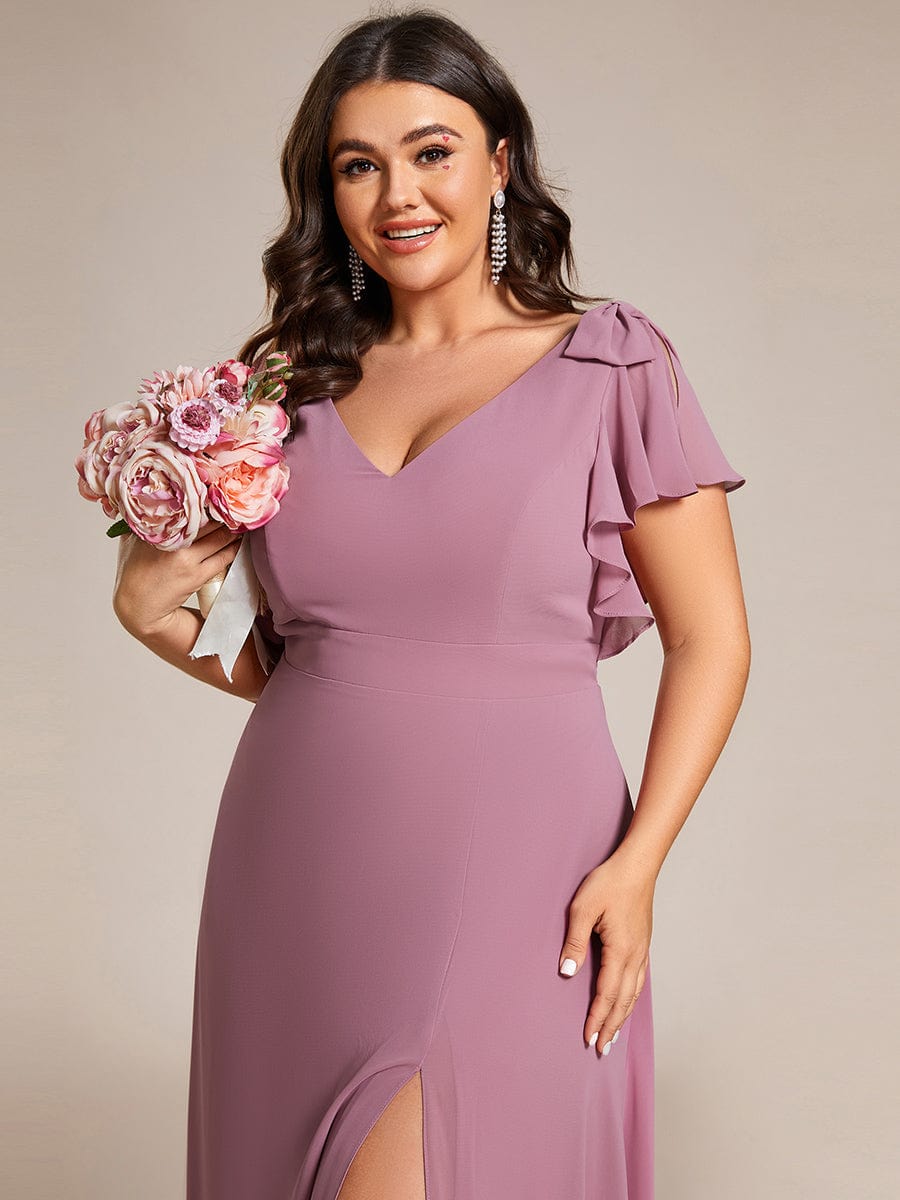 Double V-Neck High Split Bridesmaid Dress with Ribbon Bow #color_Purple Orchid