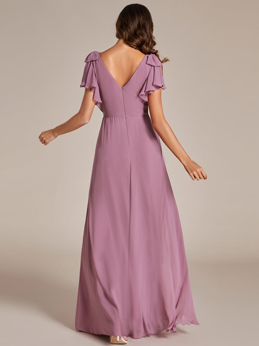 Double V-Neck High Split Bridesmaid Dress with Ribbon Bow #color_Purple Orchid