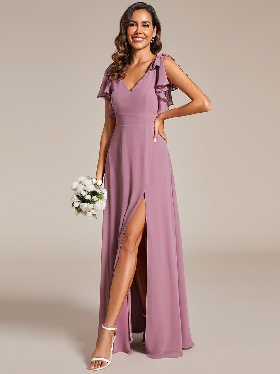 Double V-Neck High Split Bridesmaid Dress with Ribbon Bow #color_Purple Orchid