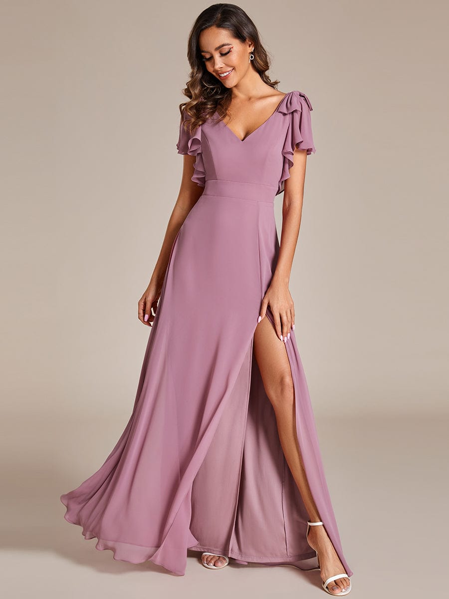 Double V-Neck High Split Bridesmaid Dress with Ribbon Bow #color_Purple Orchid