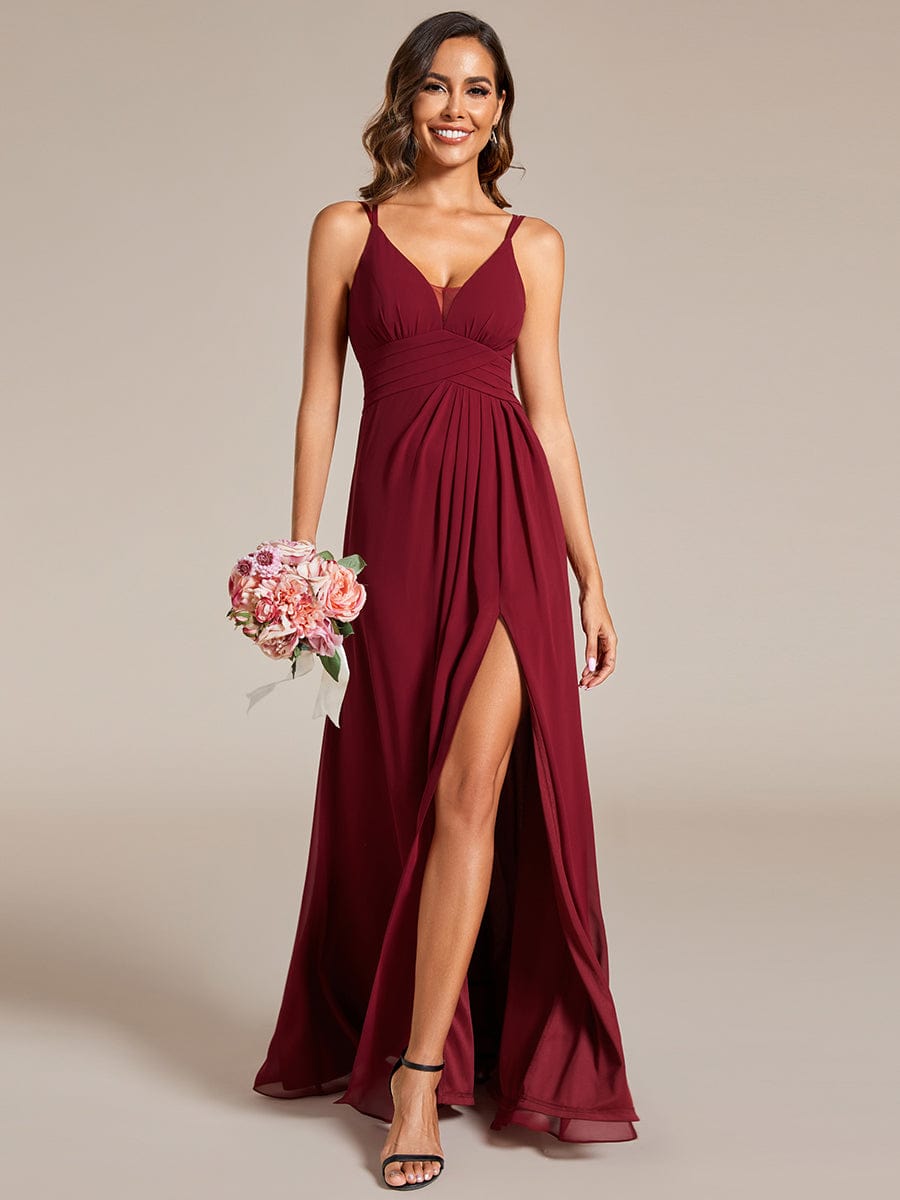 V-Neck Chiffon Bridesmaid Dress with High Slit #color_Burgundy