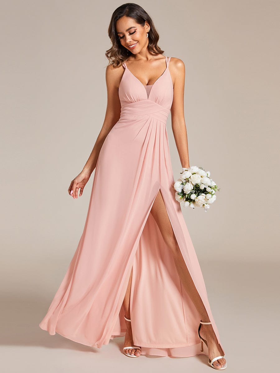 V-Neck Chiffon Bridesmaid Dress with High Slit #color_Pink