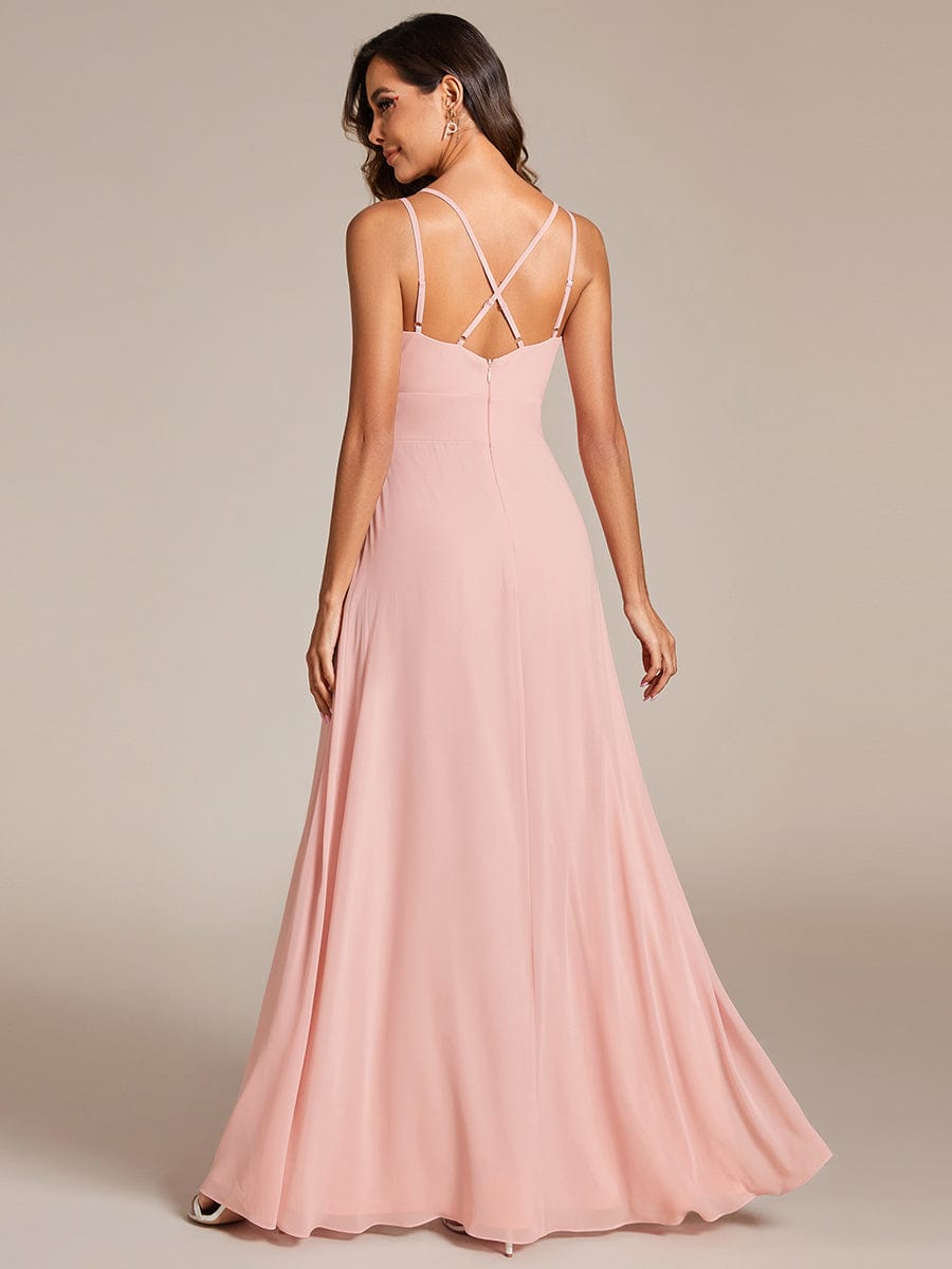 V-Neck Chiffon Bridesmaid Dress with High Slit #color_Pink