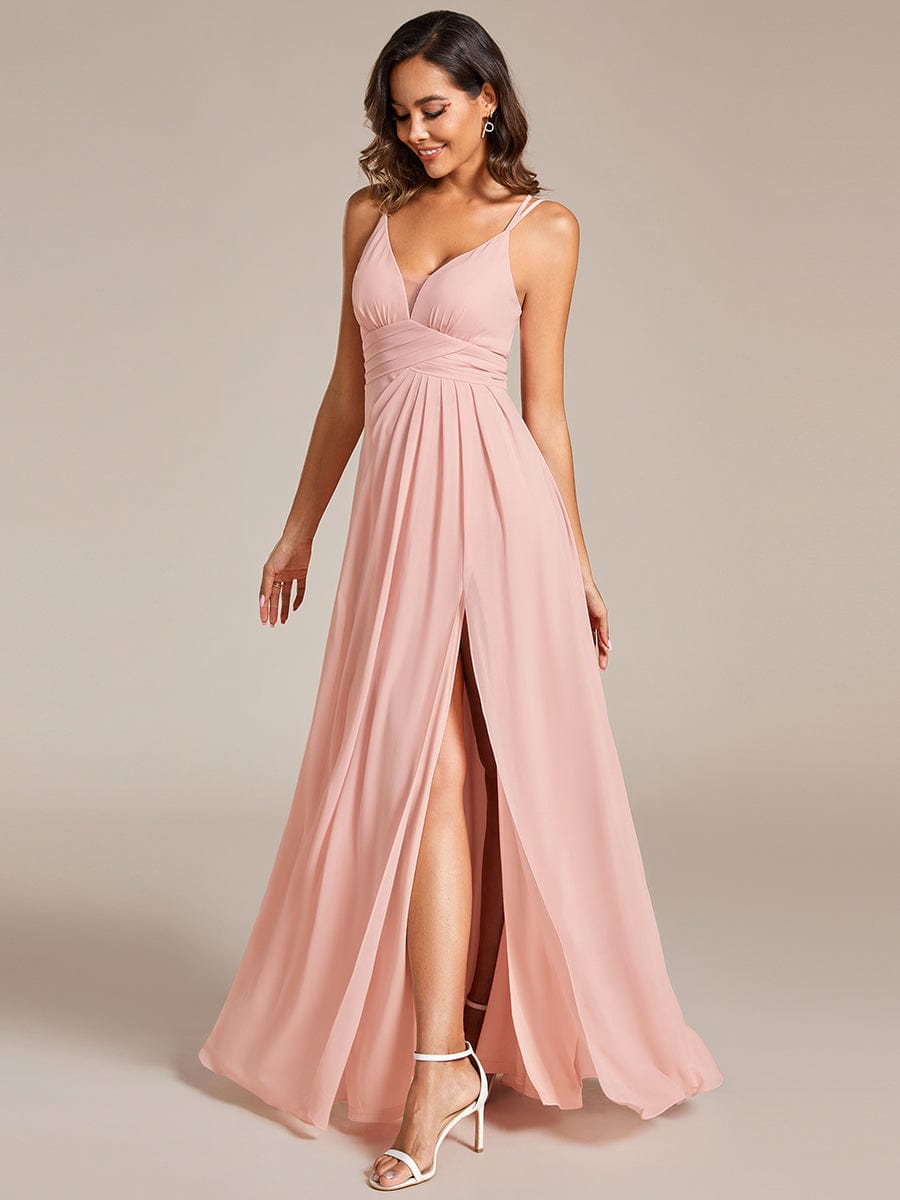 V-Neck Chiffon Bridesmaid Dress with High Slit #color_Pink