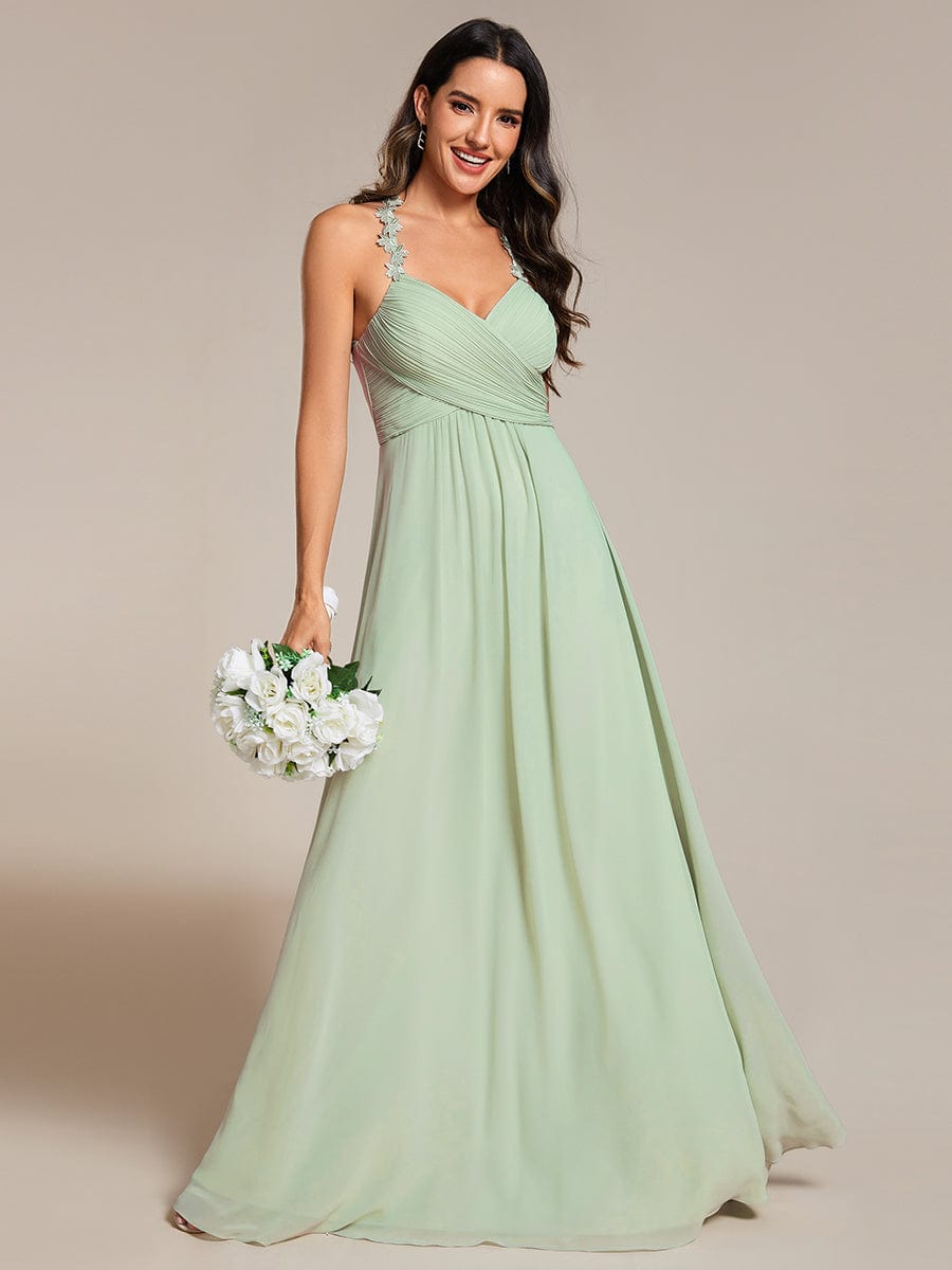 Backless Floral Halter Neck Pleated Bridesmaid Dress with V-Neck #color_Mint Green