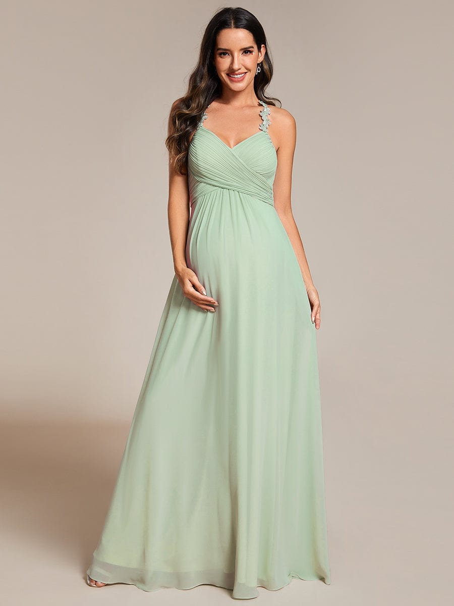 Backless Floral Halter Neck Pleated Bridesmaid Dress with V-Neck #color_Mint Green